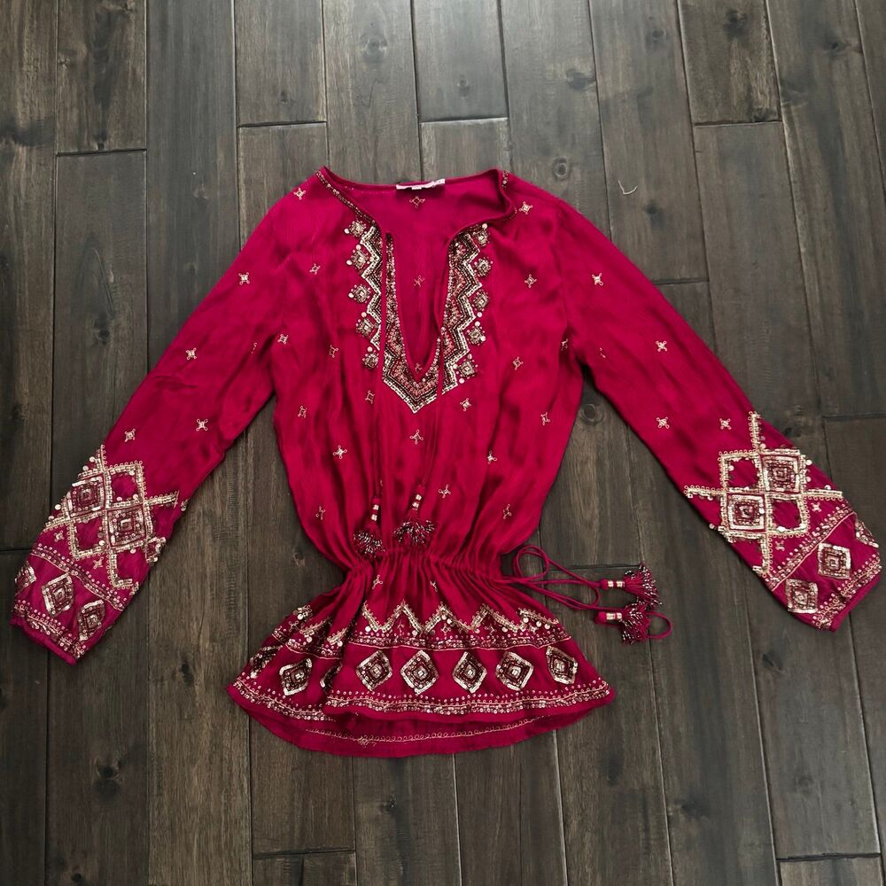 Calypso St. Barth 100% Silk Raspberry Pink with Gold Sequins Boho Top XS